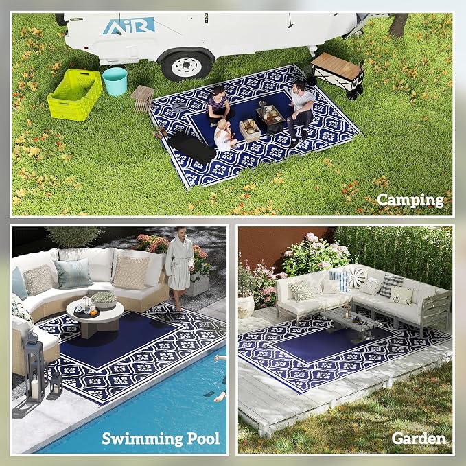 Outsunny Outdoor Rug for Patio, 9' x 12' Waterproof Large Mat, Reversible Plastic Straw Rug for Decor, Portable Outside RV Camping Area Carpet Mat for Backyard Porch Deck Picnic, Blue & White Gourd