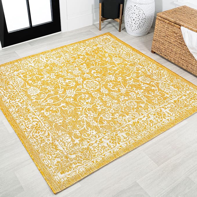 JONATHAN Y Weave Floral Indoor Outdoor Square Area Rug 5X5 Yellow/Cream, Tela Bohemian Textured for Backyard, Patio, Porch, Easy-Cleaning, High Traffic, Pet-Friendly, Non-Shedding (SMB100E-5SQ)