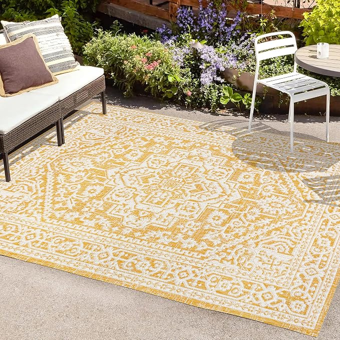 JONATHAN Y Medallion Weave Indoor Outdoor Area Rug 3X5 Yellow/Cream, Sinjuri Textured for Backyard, Patio, Porch, Easy-Cleaning, High Traffic, Pet-Friendly, Non-Shedding (SMB101I-3)