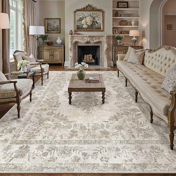 10x12 Washable Area Rug Living Room Cream Beige Vintage Carpet | Soft Low Pile, Non Slip, Stain Resistant, Floral Medallion, Neutral Retro Decor for Bedroom, Dining Room, Kids Room, Office