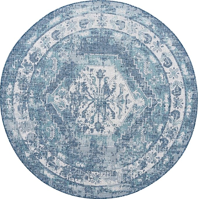 Unique Loom Outdoor Traditional Collection Area Rug - Valeria (7' 10" Round, Blue/ Ivory)