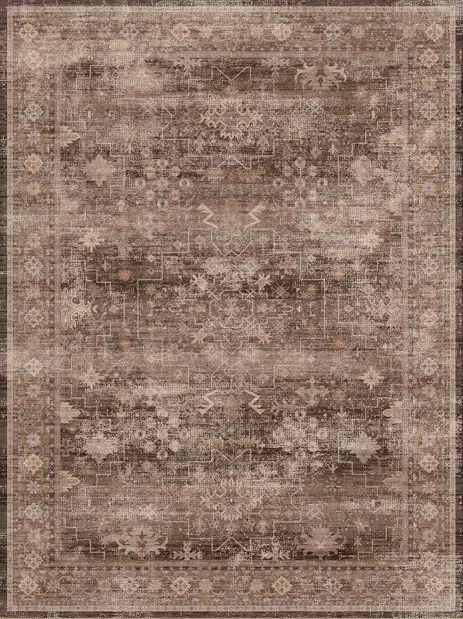 Brown 9x12 Living Room Rug - Vintage Western Eclectic Unique Neutral Taupe, Washable Low Pile Non-Slip Large Area Rugs for Dining Under Table Bedroom Under Bed