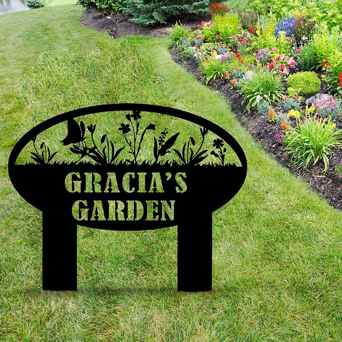 Personalized Metal Garden Sign, Custom Flower Sign with Stakes, Garden Decor for Outside, Garden Family Name Sign, Outdoor Steel Yard Sign, Large Patio Garden Sign Art, Housewarming Gift
