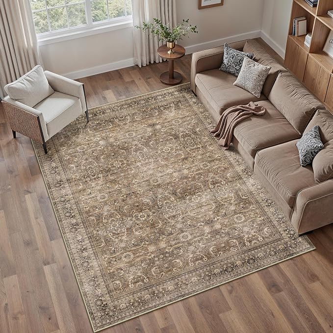 5x7 Brown Vintage Distressed Washable Area Rug for Living Room | Low Pile, Non Slip, Retro Style, Soft Distressed Indoor Rug for Living Room, Bedroom, Dining Room, Office, Home Decor