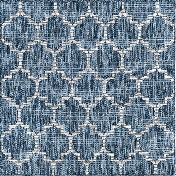 Unique Loom Outdoor Trellis Collection Area Rug (5' Square Navy Blue/Ivory)