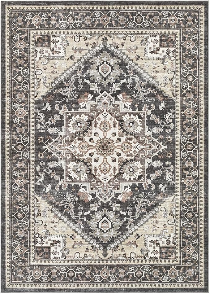 Washable Area Rug-7X9 Vintage Neutral Soft Black | Non Slip Thin Foldable Large Floor Carpet for Living Room Bedroom Kitchen Dining Room Home Office Farmhouse Indoor