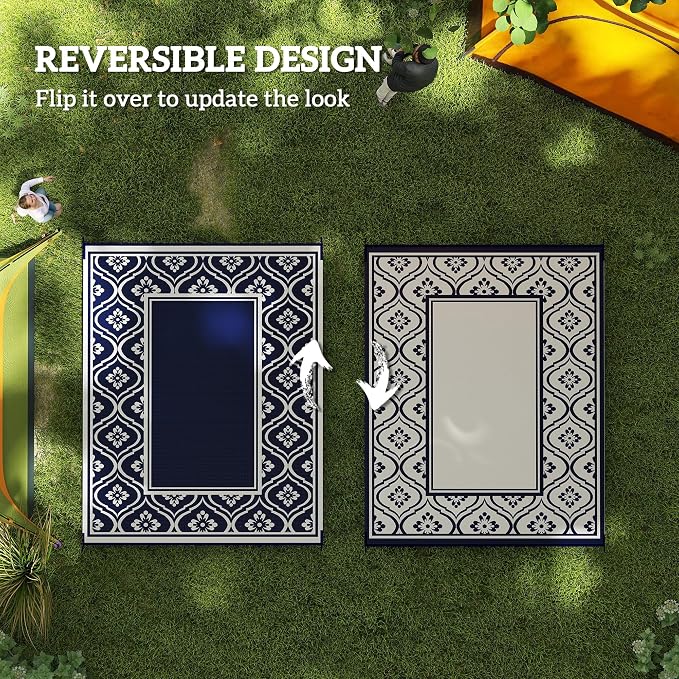 Outsunny Outdoor Rug for Patio, 8' x 10' Waterproof Large Mat, Reversible Plastic Straw Rug for Decor, Portable Outside RV Camping Area Carpet Mat for Backyard Porch Deck Picnic, Blue & White Gourd