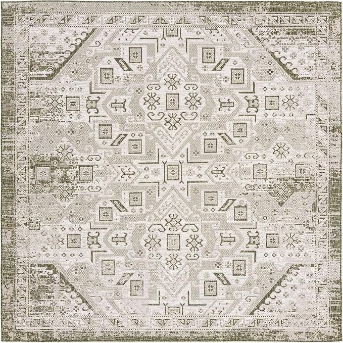 Unique Loom Outdoor Aztec Collection Area Rug - Coba (10' Square, Green/ Ivory)