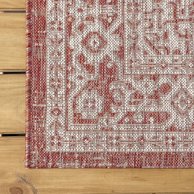 JONATHAN Y Medallion Weave Indoor Outdoor Round Area Rug 8 Ft Red/Taupe, Sinjuri Textured for Backyard, Patio, Porch, Easy-Cleaning, High Traffic, Pet-Friendly, Non-Shedding (SMB101A-8R)