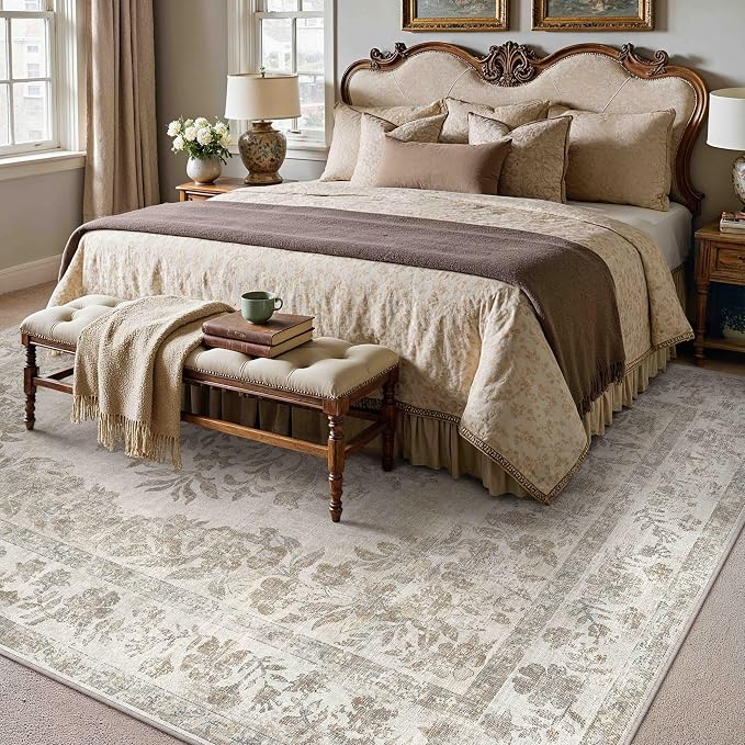 7x10 Washable Area Rug Living Room Cream Beige Vintage Carpet | Soft Low Pile, Non Slip, Stain Resistant, Floral Medallion, Neutral Retro Decor for Bedroom, Dining Room, Kids Room, Office