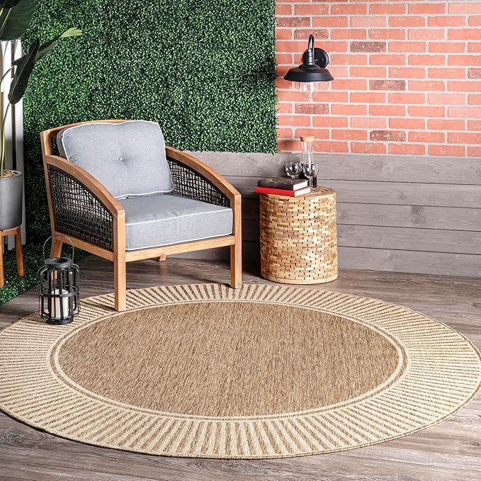 Nuloom Asha Light Brown/Ivory, 6'7" Round, Casual, Striped Border, Soft and Cozy, High Traffic, Easy Clean, Durable Area Rug for Indoor/Outdoor Patio, Deck, Porch, Garden, Courtyard