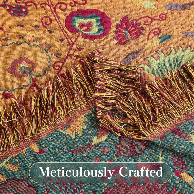Phuryllic Boho Throw Blanket Twin Size, Soft Cozy Cotton Muslin Quilt Blanket for Bed Decor, Floral Patterned Couch Sofa Chair Cover, Vintage Farmhouse Cottage Tapestry Woven Blanket, Green&Orange