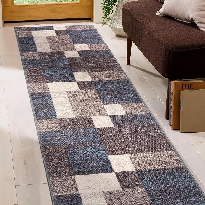 Rugshop Geometric Boxes Non-Slip Contemporary Area Rug Blue 2" x 7" | Non-Shedding, Rectangular, Size 2" x 7", Living Room, Bedroom, Dining Room, Home Office, Kitchen, Entryway, Hallway, Nursery