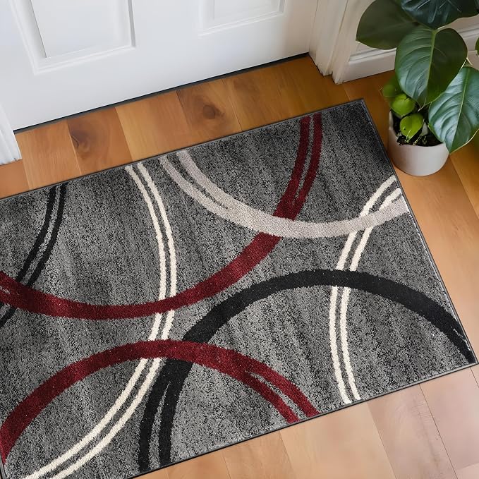 Rugshop Wavy Circles Modern Non-Shedding Accent Area Rug Red 2'7" x 4' | Rectangular, Size 2'7" x 4', Living Room, Bedroom, Dining Room, Home Office, Kitchen, Entryway, Hallway, Nursery, Kids Room