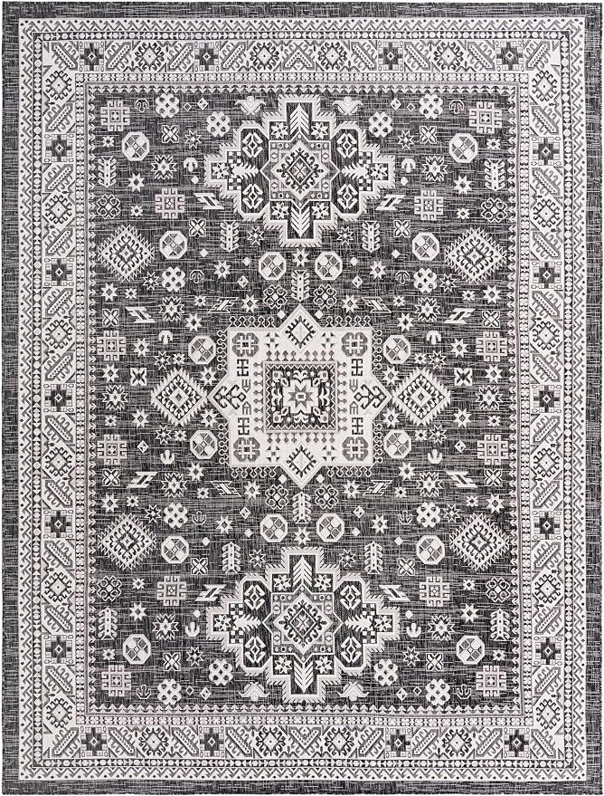 Unique Loom Outdoor Aztec Collection Area Rug - Chalca (9' x 12' Rectangle, Charcoal Gray/ Ivory)