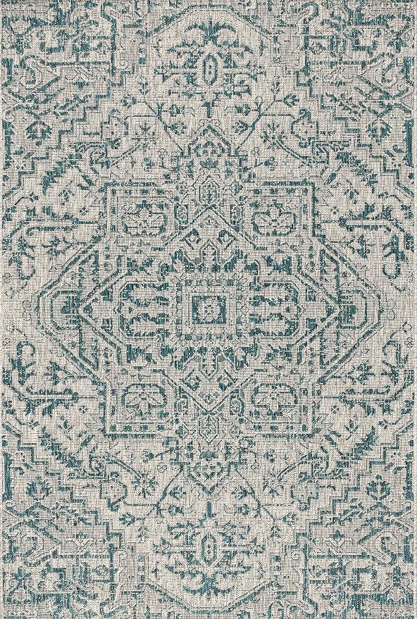 JONATHAN Y Boho Medallion Indoor Outdoor Area Rug 5X8 Teal/Gray, Estrella Textured Weave for Backyard, Patio, Porch, Easy-Cleaning, High Traffic, Pet-Friendly, Non-Shedding (SMB105C-5)