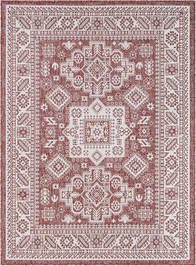 Unique Loom Outdoor Aztec Collection Area Rug - Chalca (5' 3" x 7' 1" Rectangle Rust Red/Ivory)