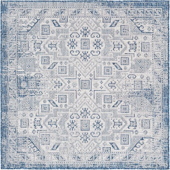 Unique Loom Outdoor Aztec Collection Area Rug - Coba (5' 3" Square, Blue/ Ivory)