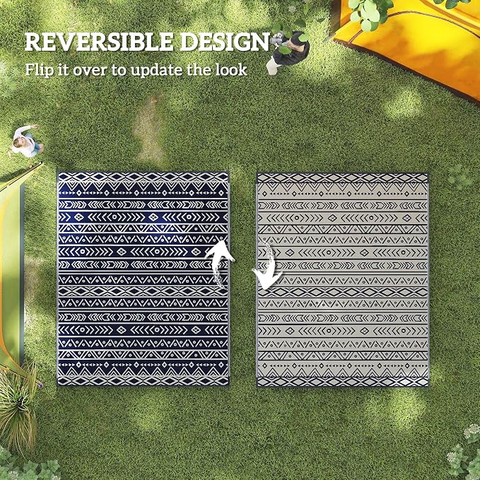 Outsunny Outdoor Rug for Patio, 8' x 10' Waterproof Large Mat, Reversible Plastic Straw Rug for Decor, Portable Outside RV Camping Area Carpet Mat for Backyard Porch Deck Picnic, Blue White Geometric