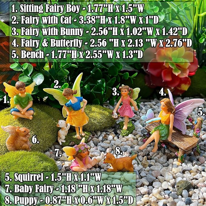 Mood Lab Fairy Garden Figurines with Animals - Miniature Decorative Statues & Accessories Set (8 pcs) - Outdoor & Indoor Garden Decor