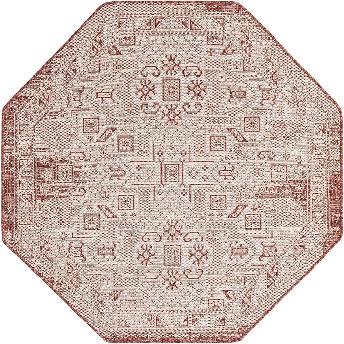 Unique Loom Outdoor Aztec Collection Area Rug - Coba (5' 3" Octagon, Rust Red/ Ivory)