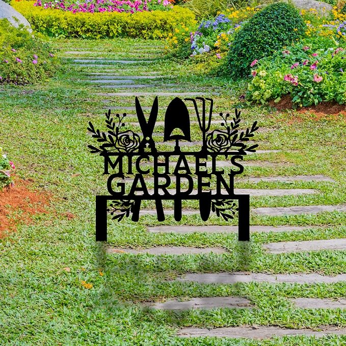 Custom Metal Garden Tools Sign with Stakes, Personalized Garden Name Sign, Yard Art, Patio Decorations, New Home Gift, Garden Decorative, Gardening Tools Sign for Outdoor, Large Housewarming Gift