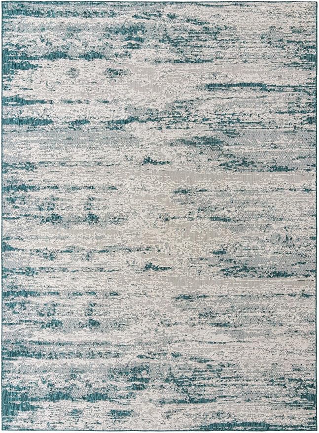 Unique Loom Outdoor Modern Collection Area Rug - Cartago (10' x 14' 1" Rectangle, Teal/ Ivory)