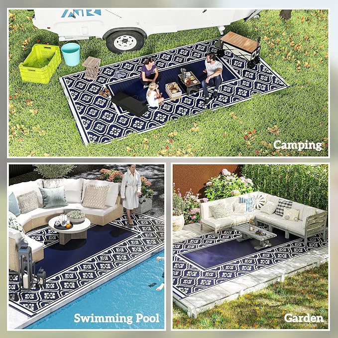 Outsunny Outdoor Rug for Patio, 9' x 18' Waterproof Large Mat, Reversible Plastic Straw Rug for Decor, Portable Outside RV Camping Area Carpet Mat for Backyard Porch Deck Picnic, Blue & White Gourd