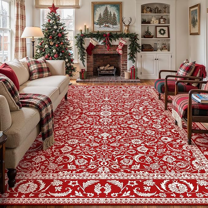HUGEAR Vintage 6x9 Machine Washable Rugs Red Hallway Large Area Rug Indoor Accent Rug Floral Low Pile Carpet Soft Throw Aesthetic Rug Bedroom Living Room Office Dining Room Kitchen Laundry Room