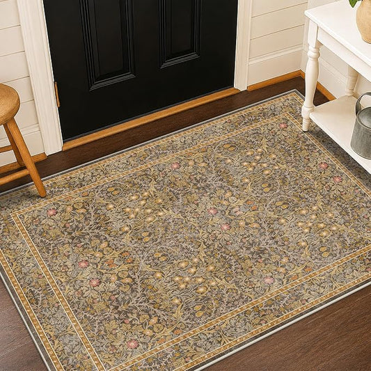 Vintage Gold Brown Entryway Rug, 3x4 Washable Area Rugs for Kitchen, Bathroom, Bedroom, Oriental Low Pile Stain Resistant Non-Slip Small Throw Rug