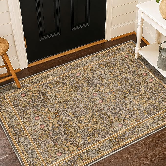 Vintage Floral Brown 3x5 Area Rugs for Entryway, Kitchen, Bathroom, Bedroom Beside Rug, Laundry Room, Non-Slip Low Pile Ultra Soft Stain Resistant Small Gold and Taupe Carpet