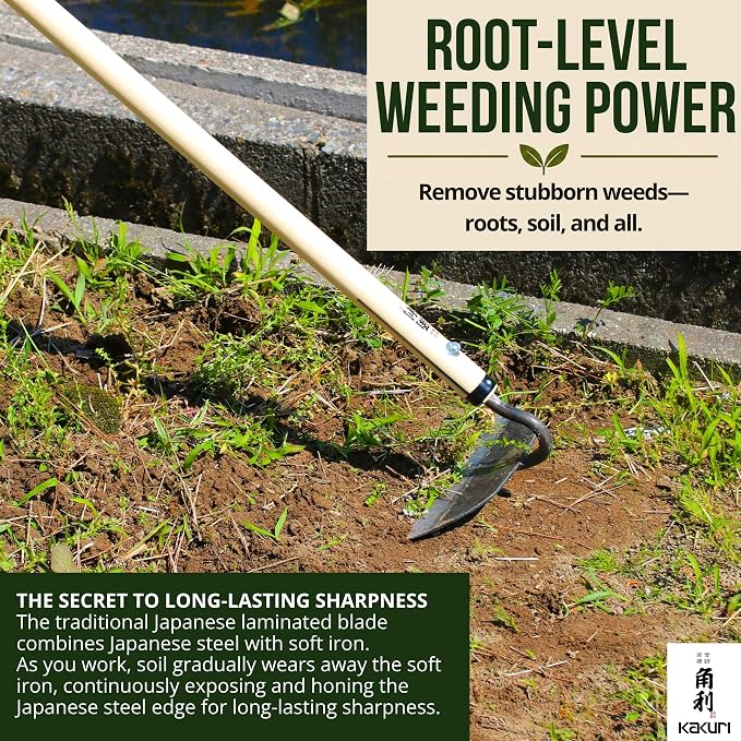 KAKURI Japanese Garden Hoe Heavy Duty 50" Long Handle for Weeding - Draw Hoe Weeder Tool - Sharp Japanese Steel Blade & Wooden Handle - Made in Japan