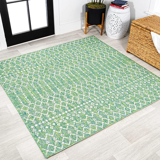 JONATHAN Y Moroccan Geometric Indoor Outdoor Square Area Rug 5X5 Green/Cream, Ourika Textured Weave for Backyard, Patio, Porch, Easy-Cleaning, High Traffic, Pet-Friendly, Non-Shedding (SMB108L-5SQ)