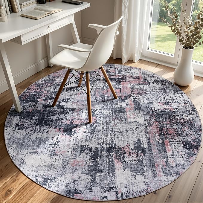 Sasttie 4ft Round Area Rug, Modern Abstract Circle Carpet, Black & Pink | Machine Washable, Ultra-Soft Faux Wool, Low Pile, Non-Slip, Lightweight, Thin, for Living Room, Bedroom, Dinning Room & Dorm