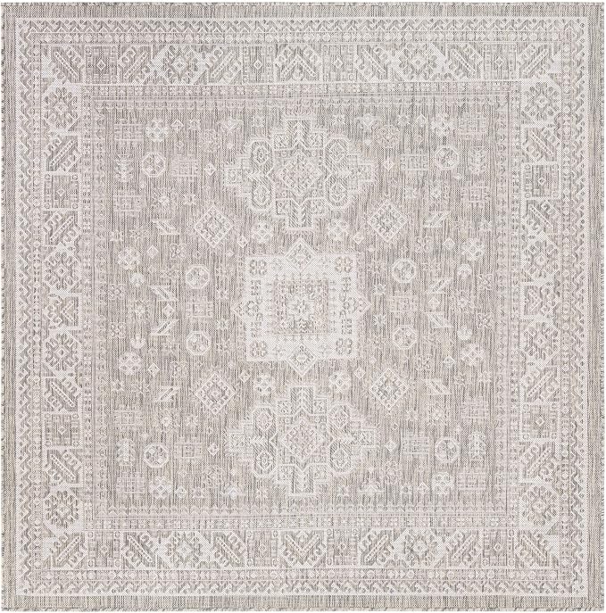 Unique Loom Outdoor Aztec Collection Area Rug - Chalca (6' 1" Square Light Gray/Ivory)