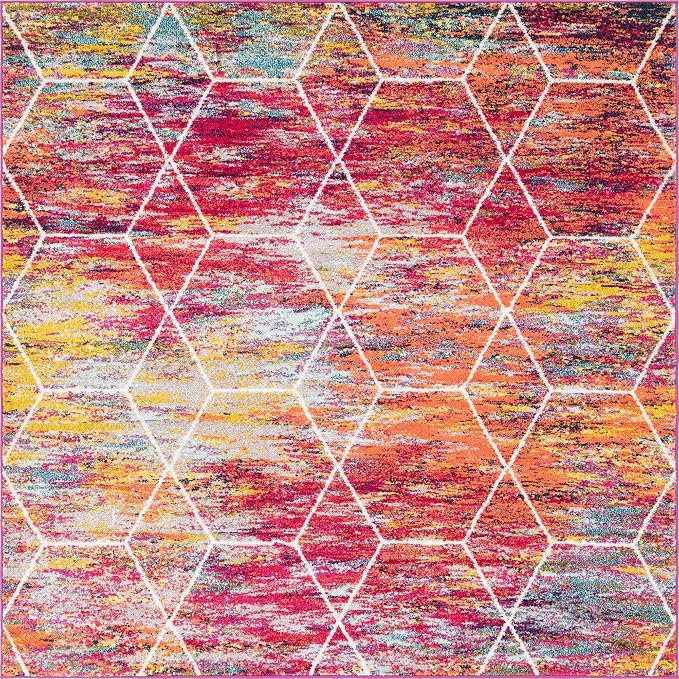 Unique Loom Trellis Frieze Collection Area Rug - Geometric (7' Square, Multi/ Ivory)