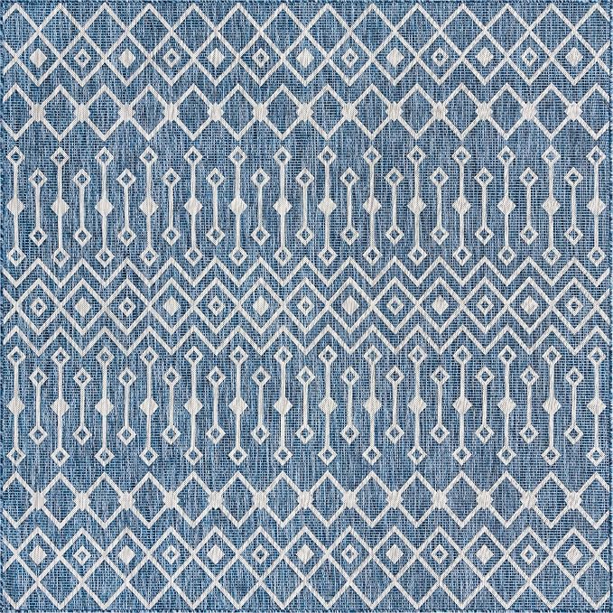 Unique Loom Outdoor Trellis Collection Area Rug - Tribal Trellis (8' Square, Blue/ Ivory)