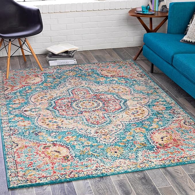 Livabliss Area Rugs - 8x10 Romaine Vintage Boho Navy Sky Blue Rose Area Rug for Living Room Bedroom - Floral Medallion Stain Resistant Carpet for Kitchen, Nursery, Office (7'10" x 10'3")