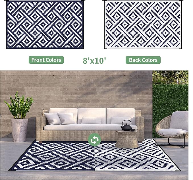 GENIMO Outdoor Rugs 8'x10' Waterproof, Reversible Mats, Area Plastic Straw Rug, Outside Carpet, Geometric Rv Mat for Patio Camping Picnic Backyard Deck Balcony Porch Beach Trailer