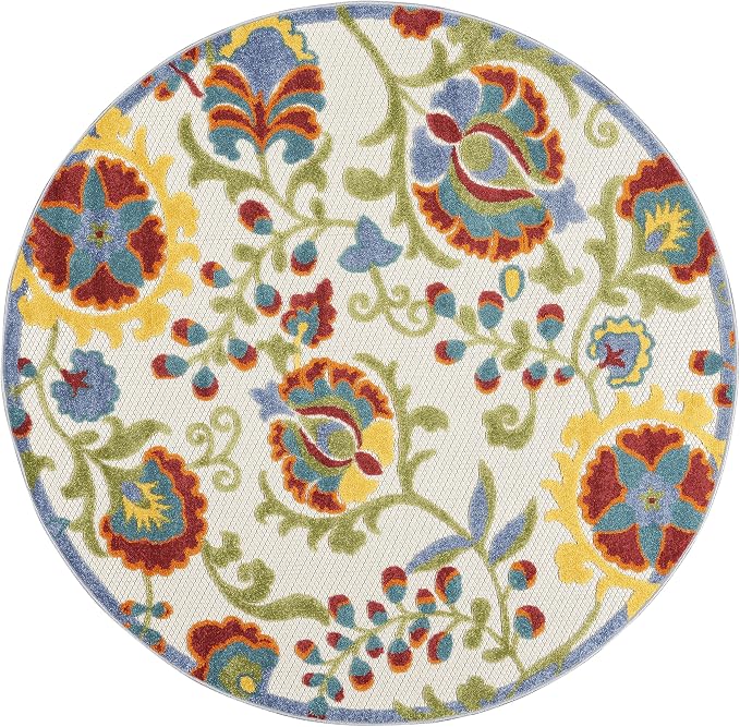 Nourison Home Aloha Ivory Multicolor 5'3" x Round Area Rug - Easy Clean, Non Shedding, Bed Room, Living Room, Dining Room, Kitchen (5' x Round)