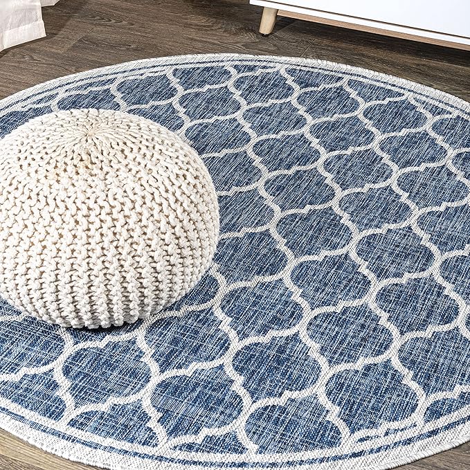JONATHAN Y Moroccan Trellis Indoor Outdoor Round Area Rug 5 Ft Navy/Gray, Trebol Textured Weave for Backyard, Patio, Porch, Easy-Cleaning, High Traffic, Pet-Friendly, Non-Shedding (SMB109D-5R)