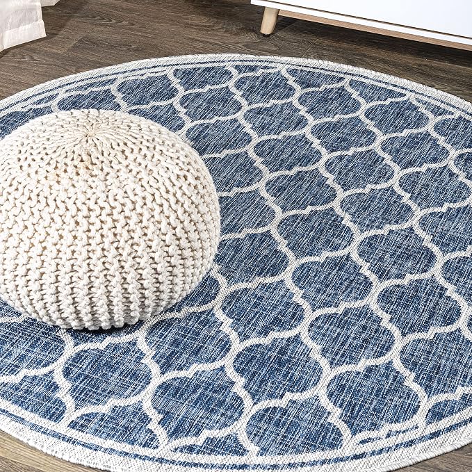 JONATHAN Y Moroccan Trellis Indoor Outdoor Round Area Rug 3 Ft Navy/Gray, Trebol Textured Weave for Backyard, Patio, Porch, Easy-Cleaning, High Traffic, Pet-Friendly, Non-Shedding (SMB109D-3R)