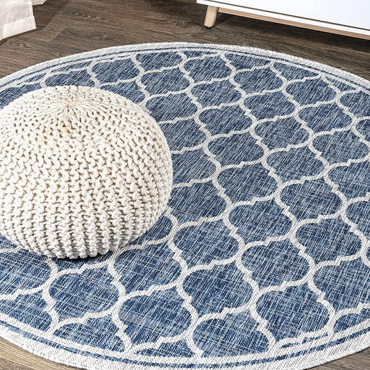 JONATHAN Y Moroccan Trellis Indoor Outdoor Round Area Rug 3 Ft Navy/Gray, Trebol Textured Weave for Backyard, Patio, Porch, Easy-Cleaning, High Traffic, Pet-Friendly, Non-Shedding (SMB109D-3R)
