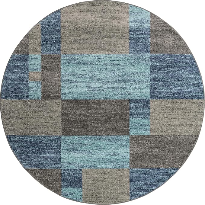 Unique Loom Autumn Collection Modern Contemporary Casual Abstract Area Rug (Blue/ Gray Tonal, 7 ft 10 x 7 ft 10 Round)
