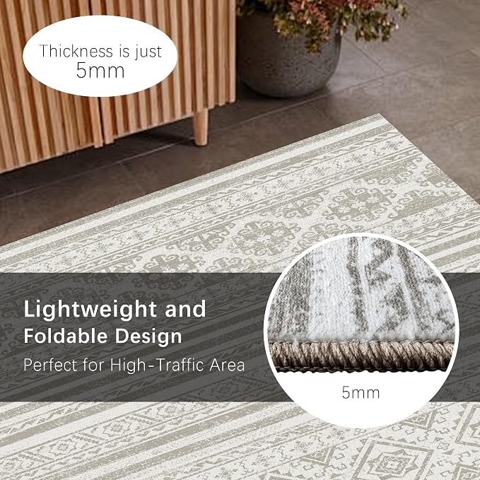 Washable Area Rugs 2'6'' x 8' - 1/6 Thick - Moroccan-Inspired -Stain & Water Resistant Non-Slip - Resistant Rug for Living Room, Bedroom, Nursery, Pet & Child Friendly (Grey)