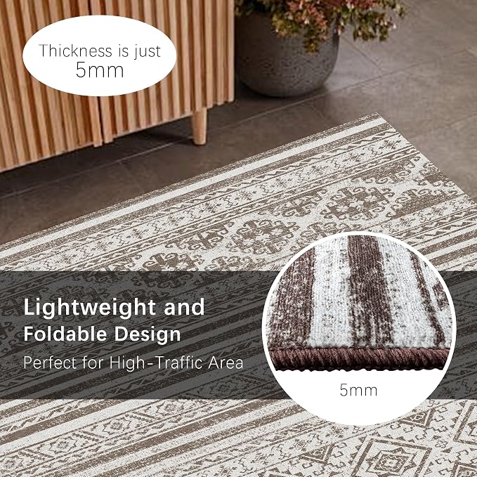 Washable Area Rugs 2'6'' x 8' - 1/6 Thick - Moroccan-Inspired -Stain & Water Resistant Non-Slip - Resistant Rug for Living Room, Bedroom, Nursery, Pet & Child Friendly (Brown)