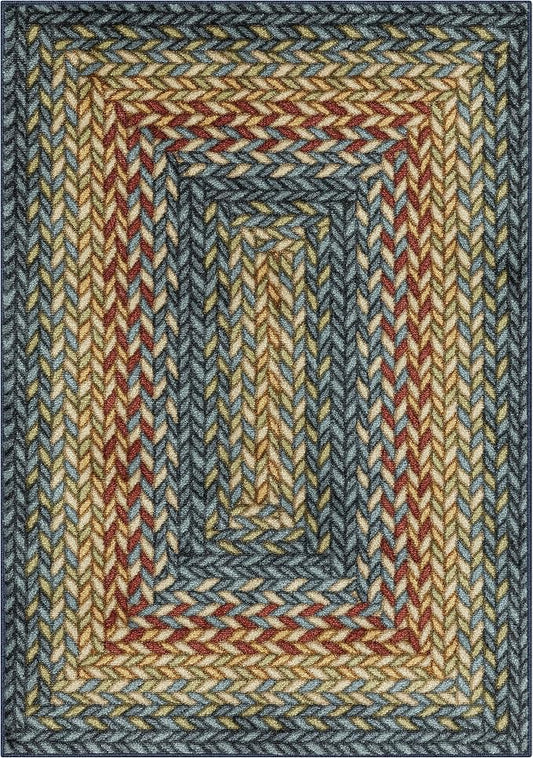 Maples Rugs Marion Bohemian Braided-Style Print Area Rug – Made in USA – Washable, Non-Slip Low-Profile Small Indoor Rug for Entryway & Kitchen, 46" x 30", Multi-Color