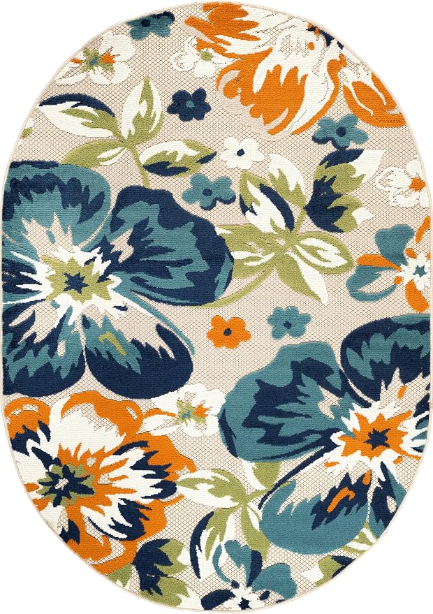 Rugshop Multi Bergamo Floral Indoor/Outdoor Oval Area Rug Machine Washable for Patio, Deck and Living Room, 5' x 7' Oval