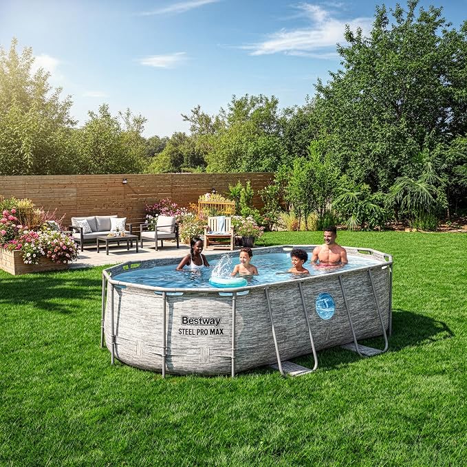 Bestway Steel Pro MAX Splashview 14’ x 8'2" x 39.5” Above Ground Pool, Oval Metal Frame Outdoor Swimming Pool Set with Filter Pump, Ladder, and Cover