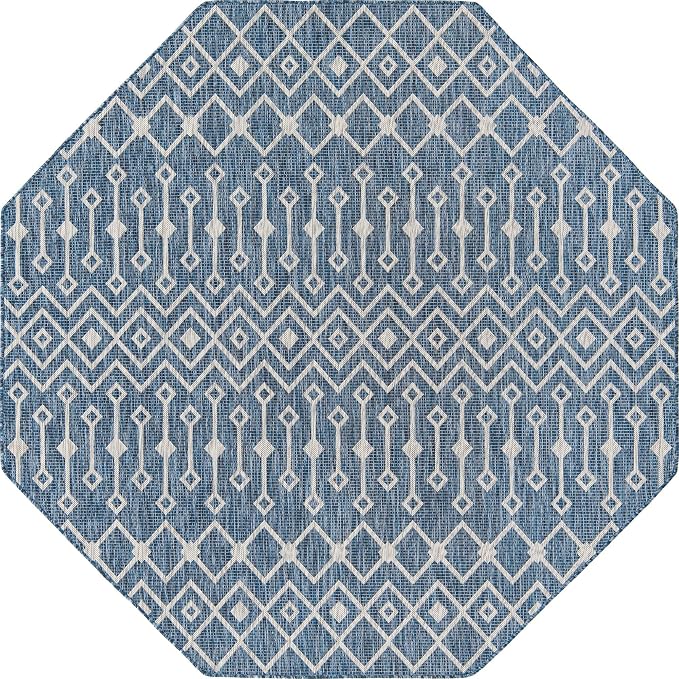 Unique Loom Outdoor Trellis Collection Area Rug - Tribal Trellis (7' 10" Octagon, Blue/ Ivory)